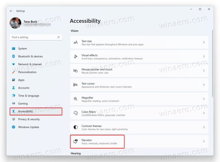 Windows 11 Settings, Accessibility section
