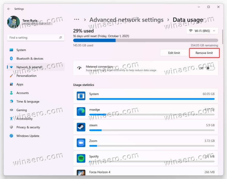 Remove Network Data Limit in Windows 11