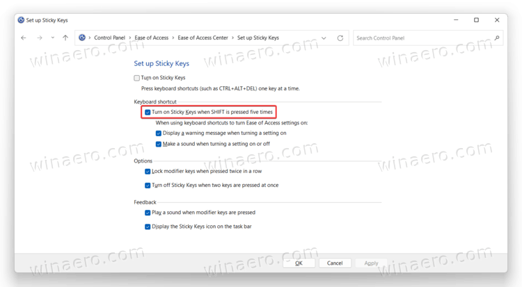 Disable Sticky Keys keyboard shortcut with Control Panel