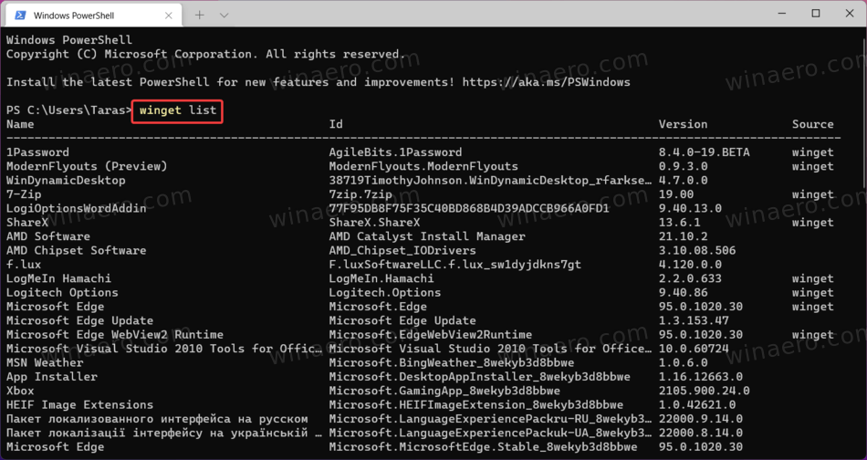 type winget list in terminal